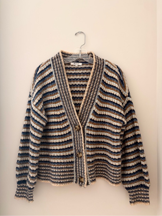 Madewell Sweaters - Madewell Striped Wool V-Neck Button Cardigan in Navy, Cream & Brown.